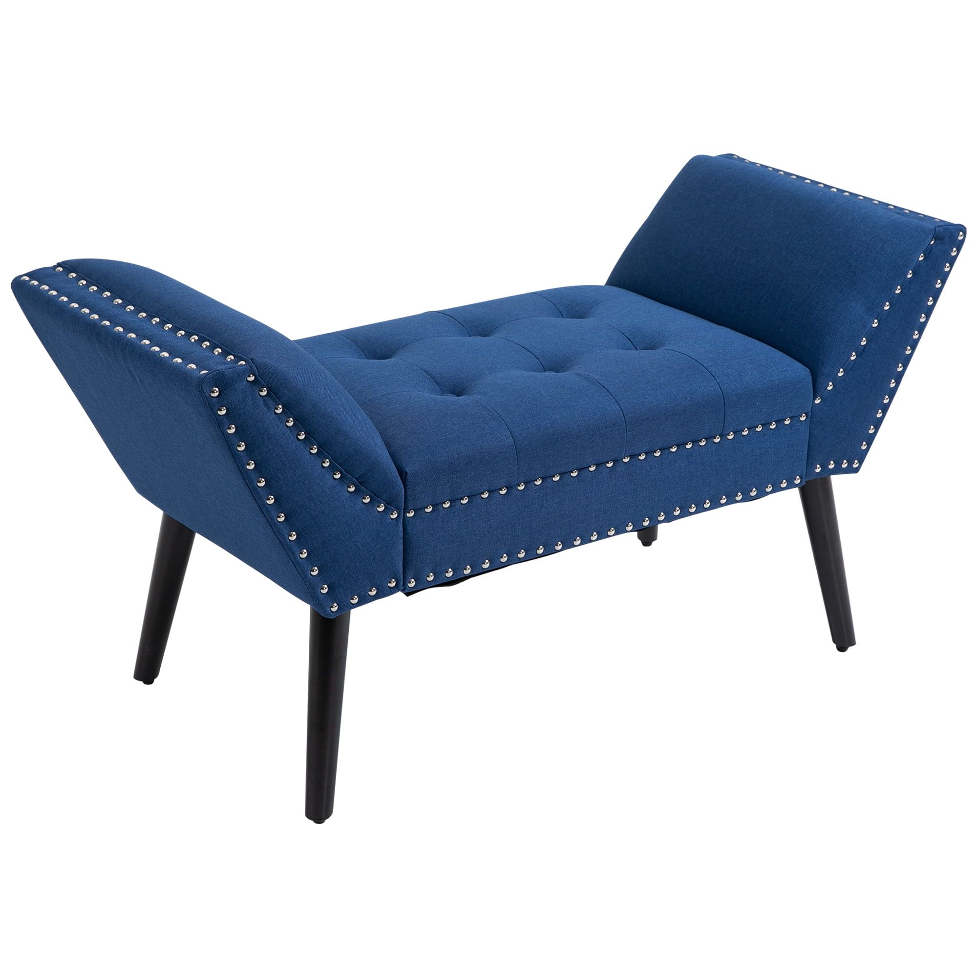 Elegant Nickel-Finish Tufted Linen Footstool with Arms in Blue