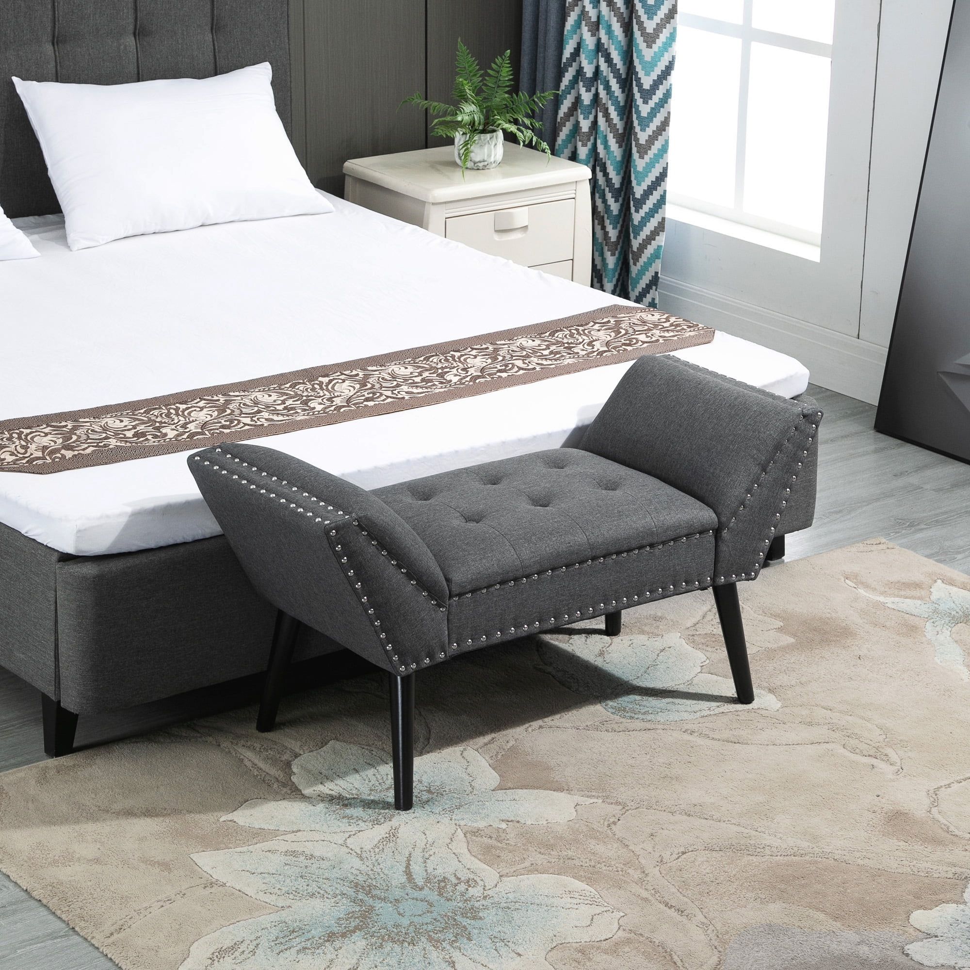 Modern Charcoal Grey Tufted Linen-Like Footstool Bench