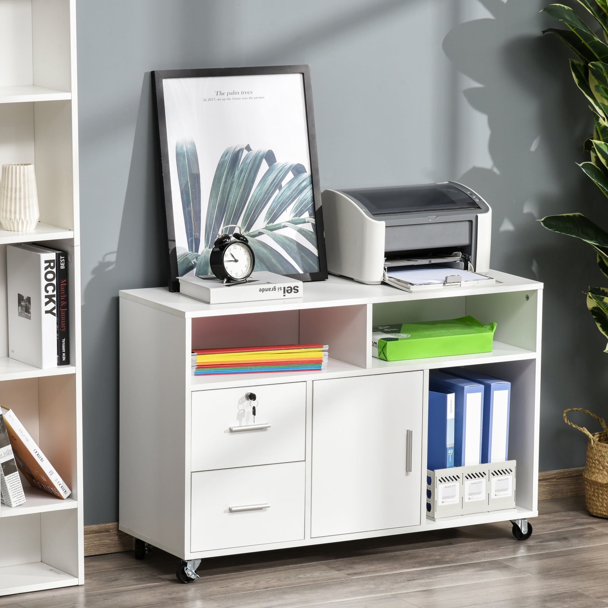 White Mobile Office Storage Cabinet with Drawers and Shelves