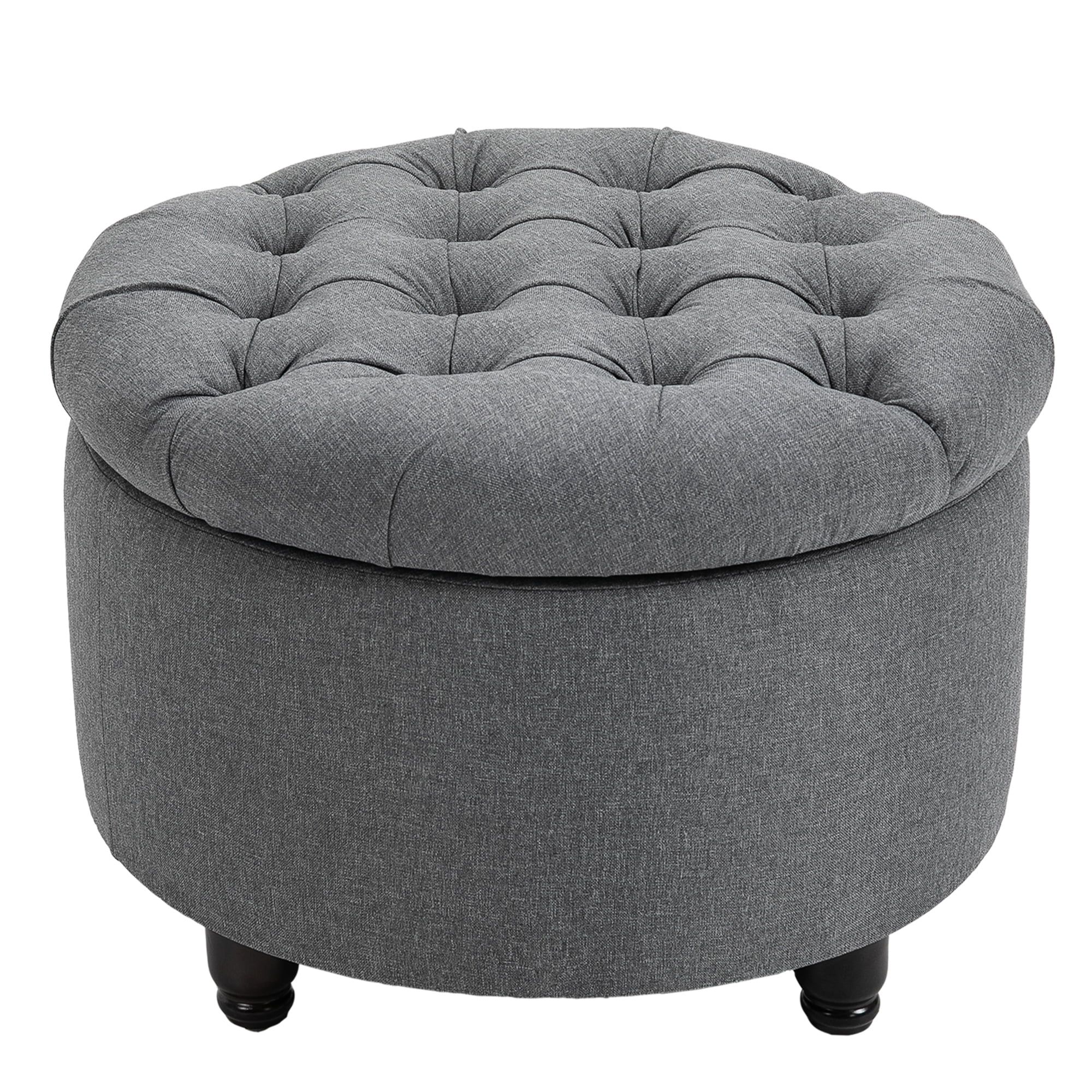 Vintage Round Tufted Linen-Feel Storage Ottoman in Grey