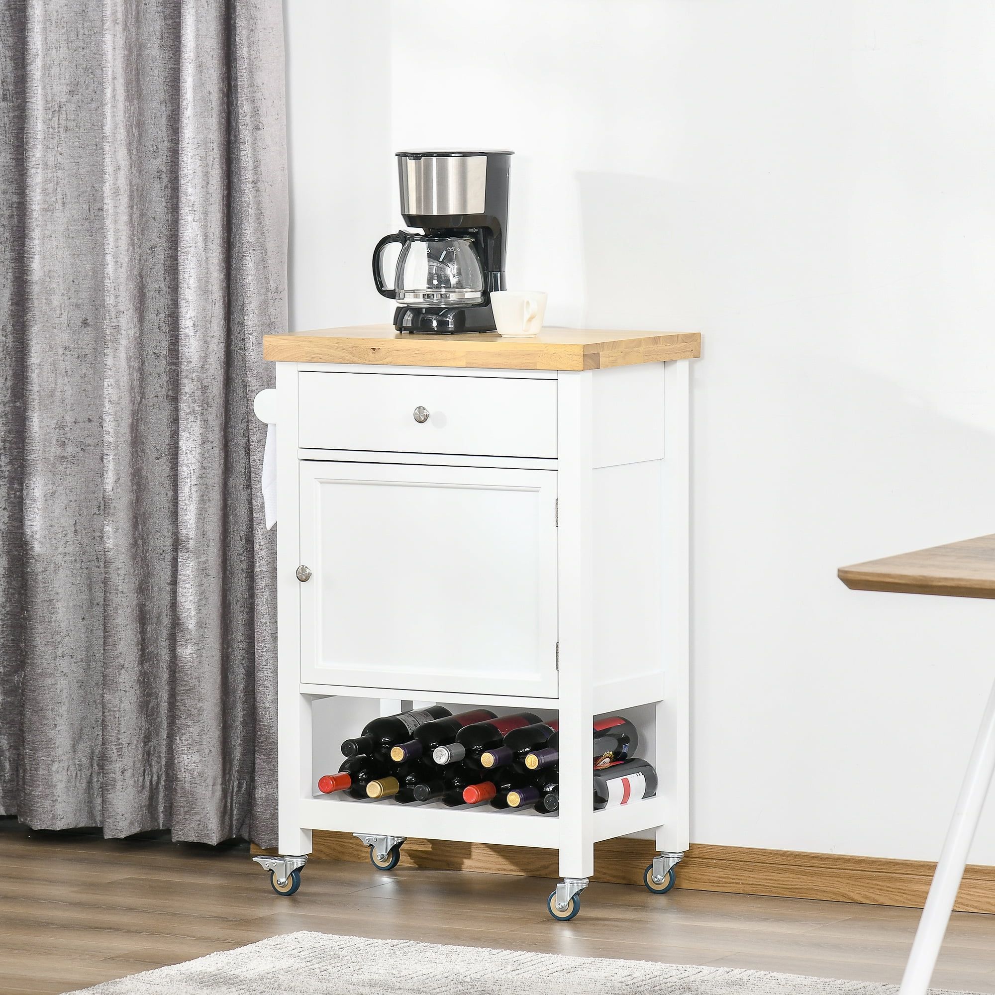 White Rolling Kitchen Cart with Rubberwood Butcher Block Top