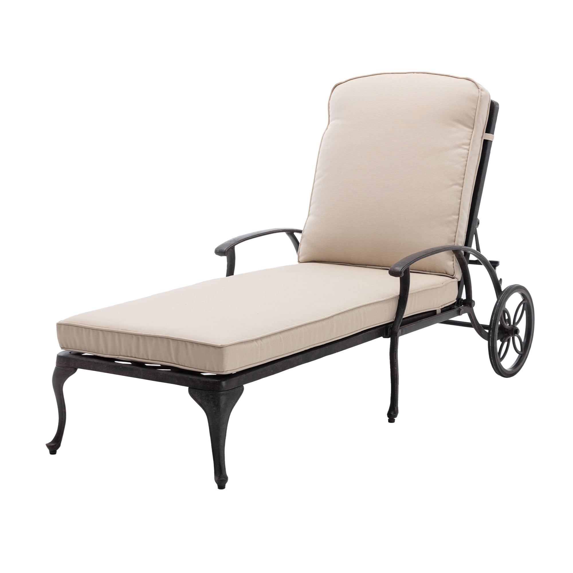 Beige Cushioned Cast Aluminum Chaise Lounge with Arms