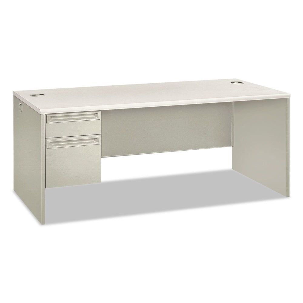 Elegant Light Gray 72" Pedestal Desk with Silver Accents and Drawer System