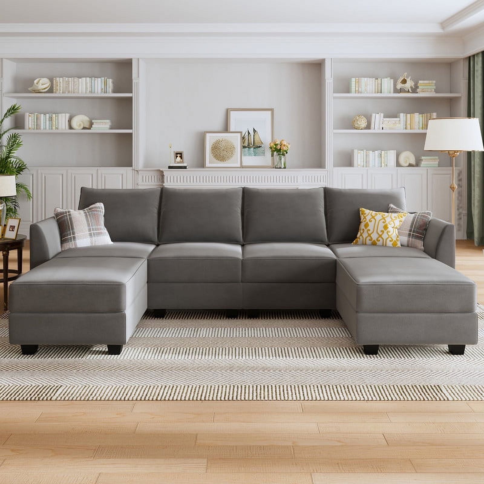 Gray Velvet Modular Sectional Sofa with Storage and Ottoman