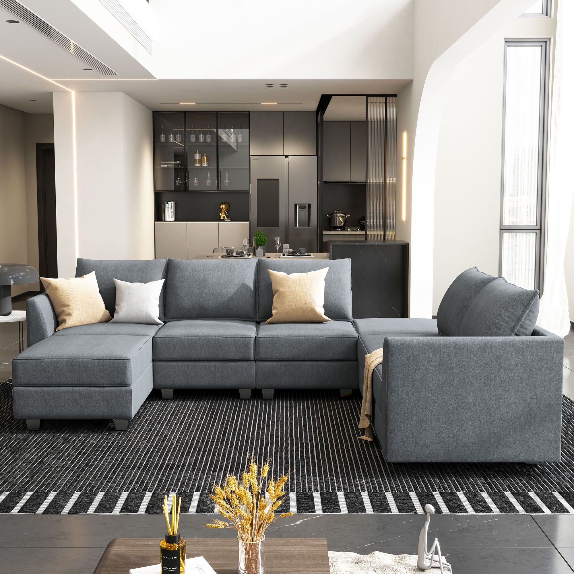 Bluish Grey Velvet Modular Sectional Sofa with Storage and Ottoman