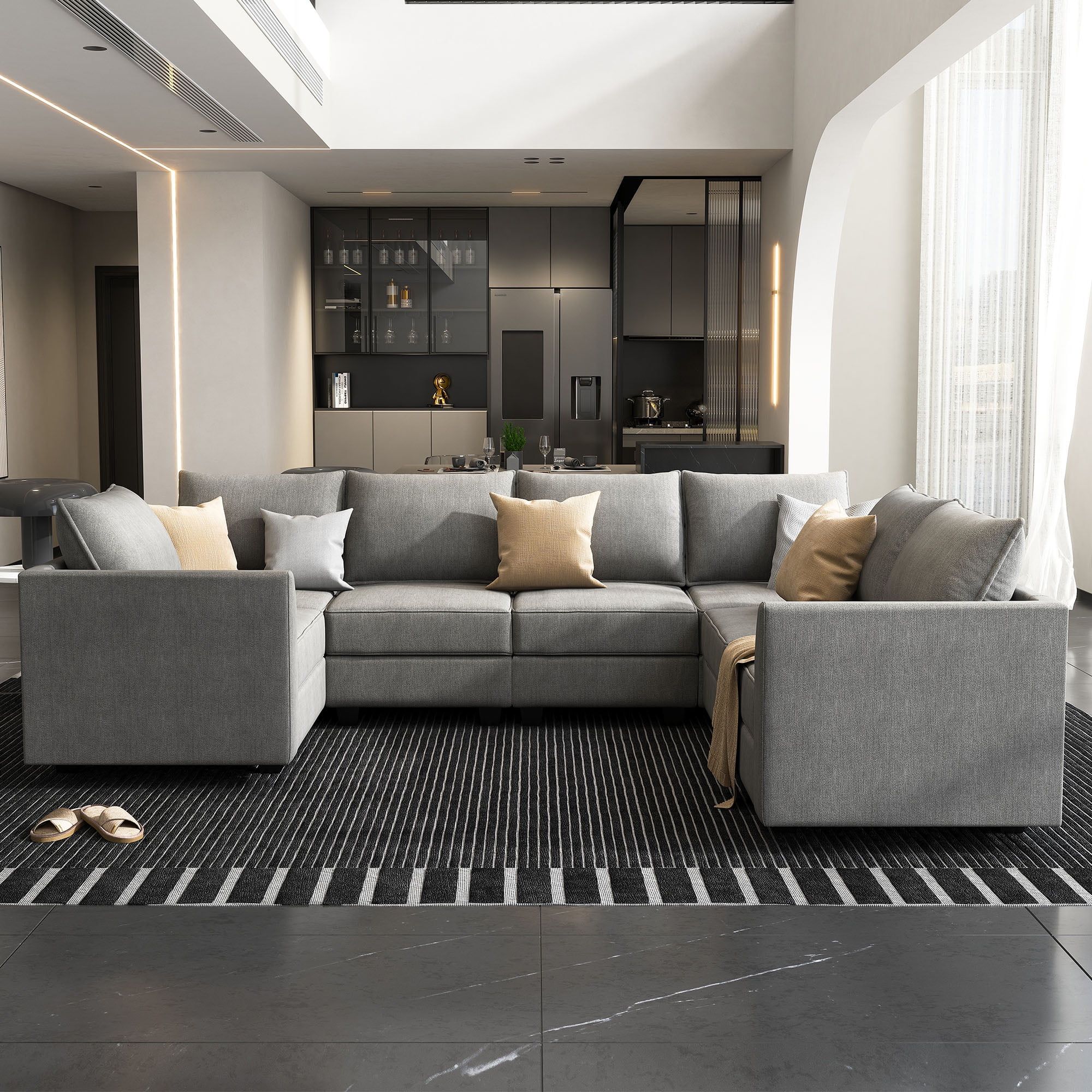 Gray Fabric U-Shaped Sectional Sofa with Storage and Track Arms