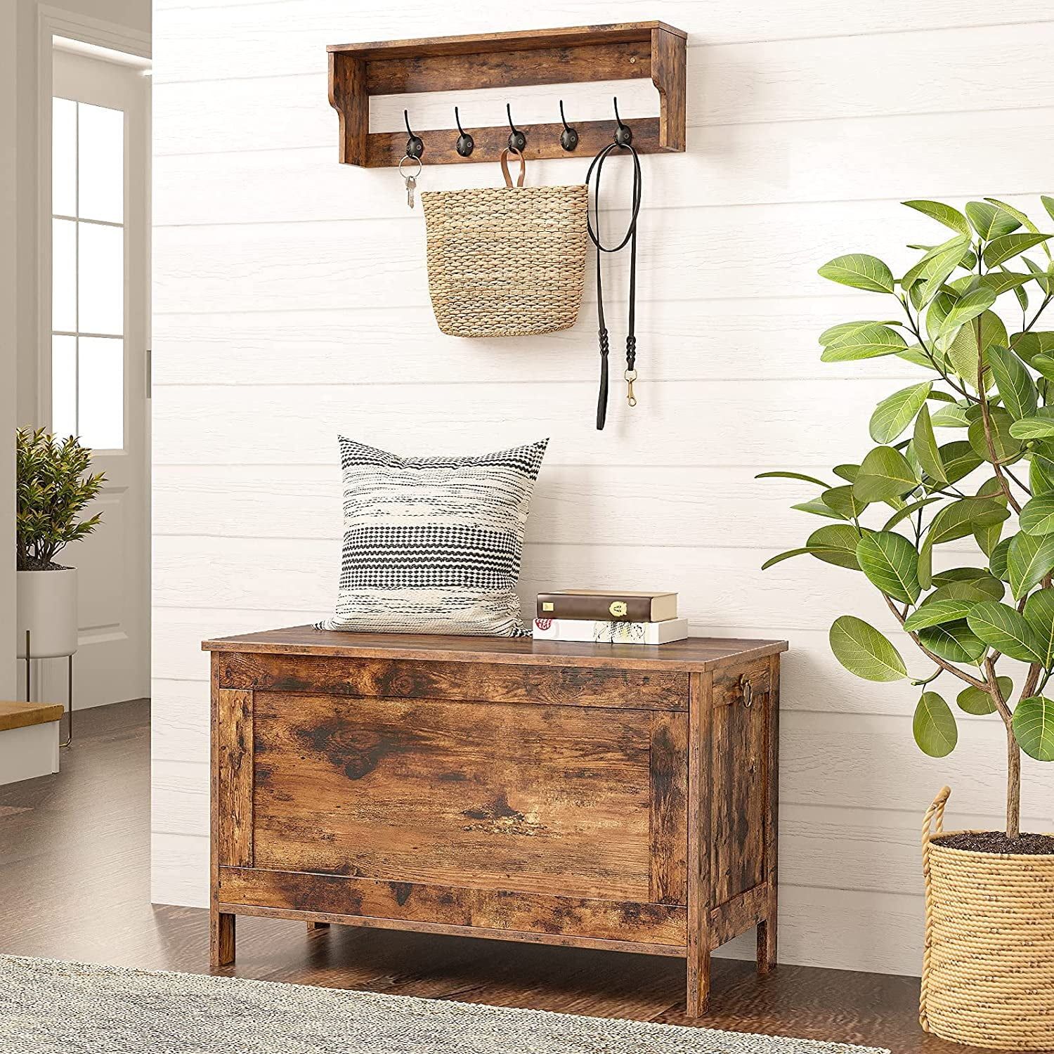 Rustic Brown Wooden Entryway Storage Bench with Safety Hinge