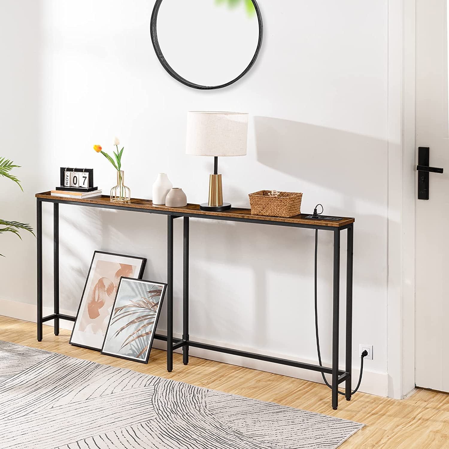 Rustic Brown Wood and Metal Slim Console Table with Charging Station