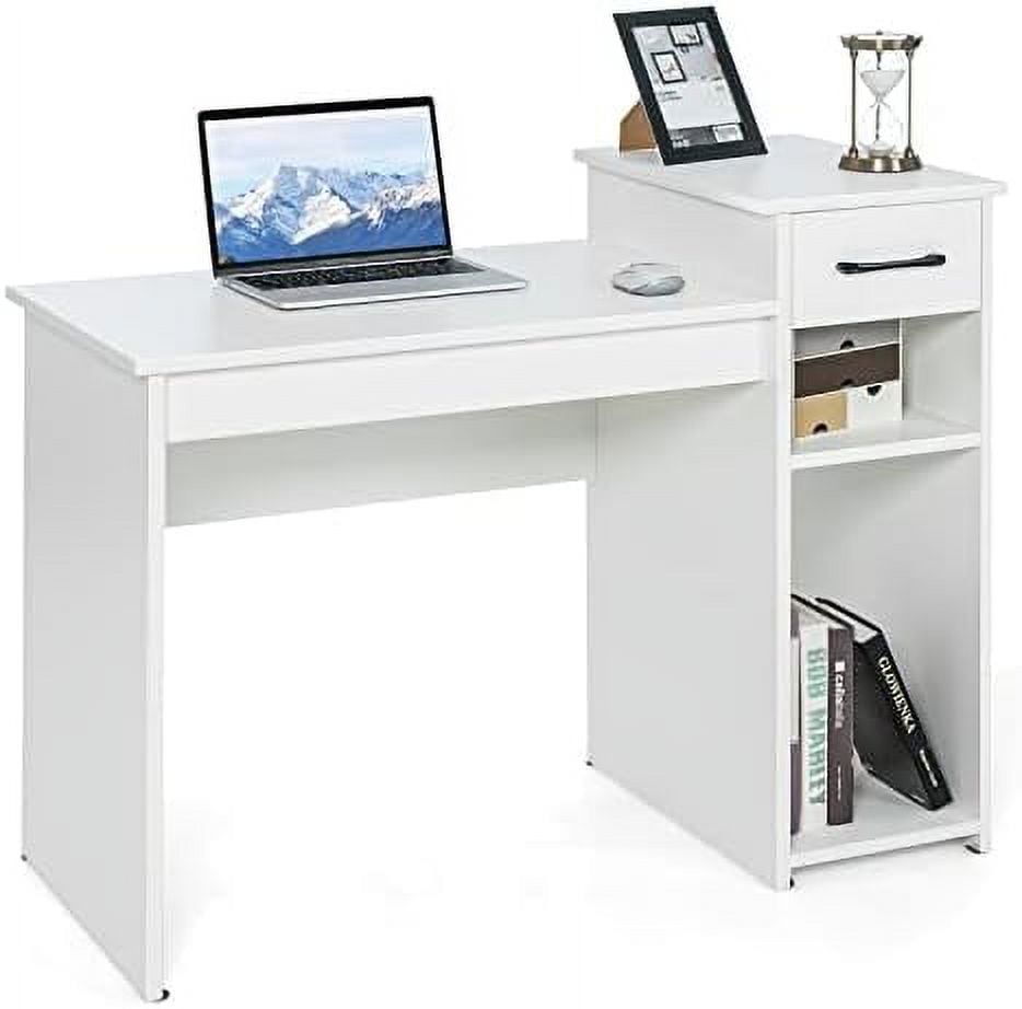 Elegant White Wooden Computer Desk with Drawer and Shelves