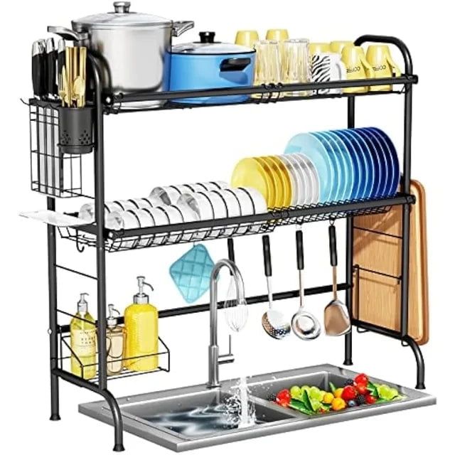 Black 3-Tier Stainless Steel Over Sink Dish Drying Rack with Utensil Holder