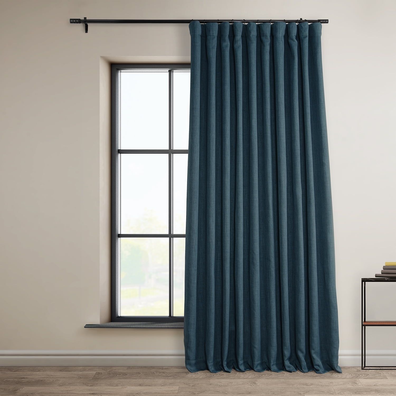 Story Blue Extra Wide Faux Linen Room Darkening Curtain Panel
