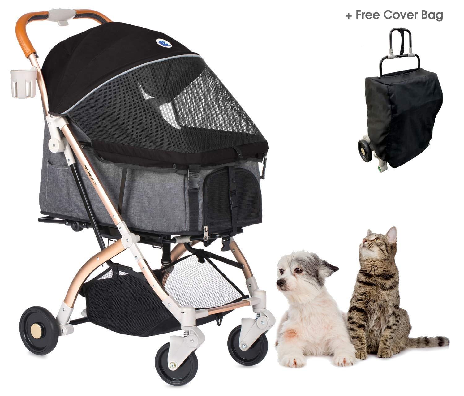 HPZ Lightweight Black Aluminum Pet Stroller with Convertible Compartment