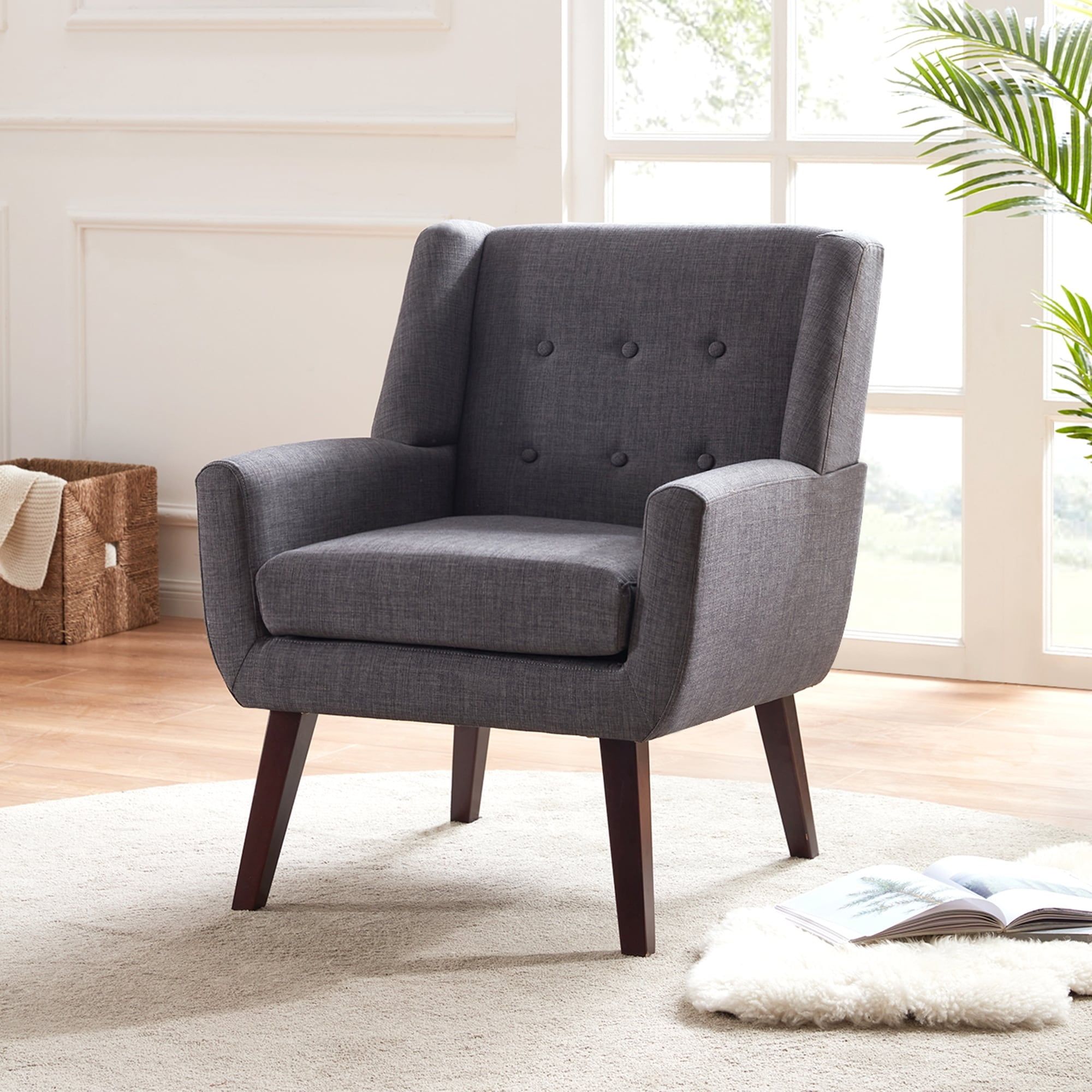 Gray Linen Upholstered Barrel Accent Chair with Wood Legs