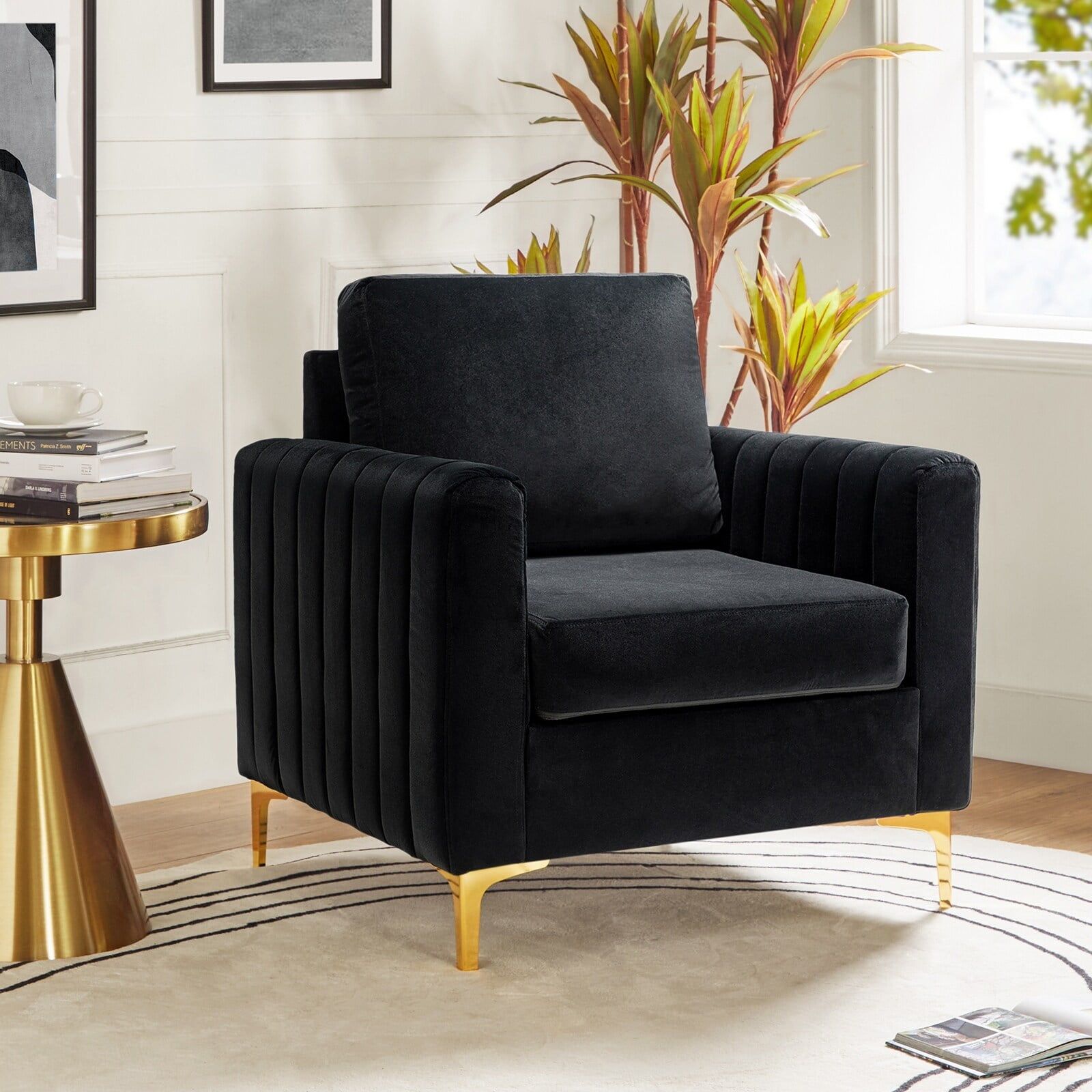 Black Velvet Accent Armchair with Gold Metal Legs