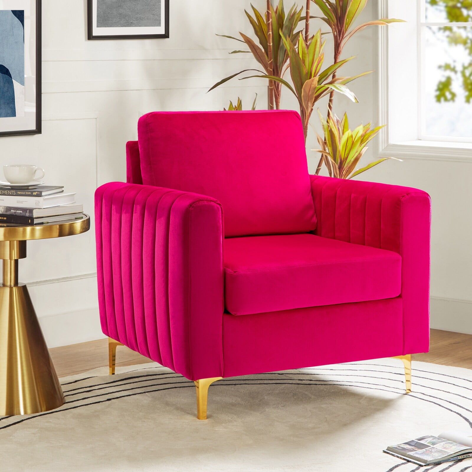 Fuchsia Velvet Club Armchair with Gold Metal Legs