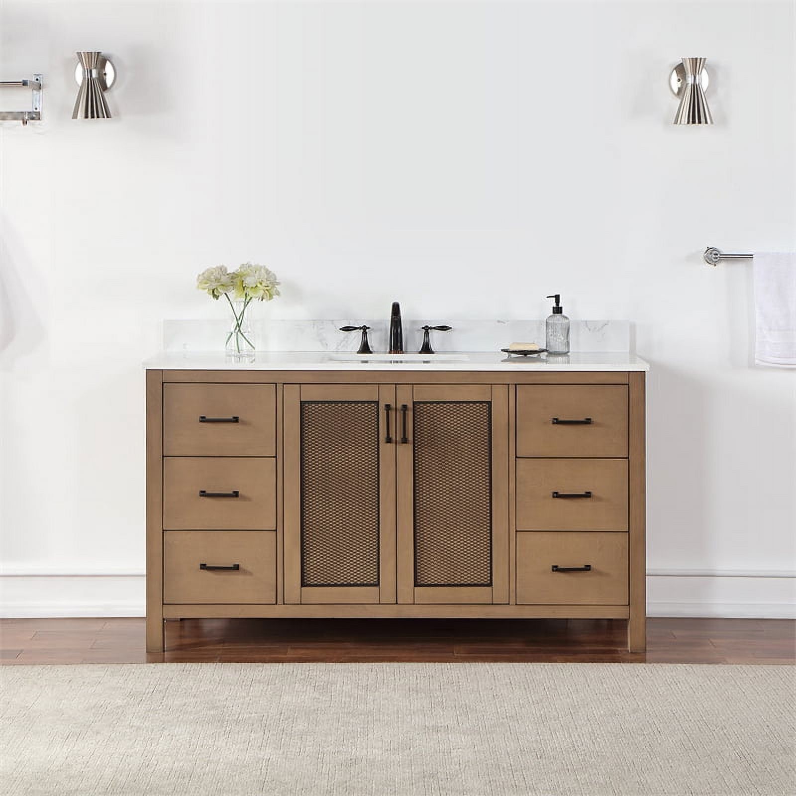 Hadiya 60" Brown Pine Vanity with White Composite Stone Countertop