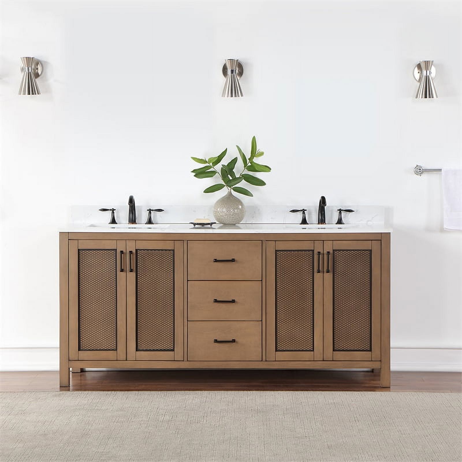 Hadiya 72" Brown Pine Double Vanity with White Stone Countertop