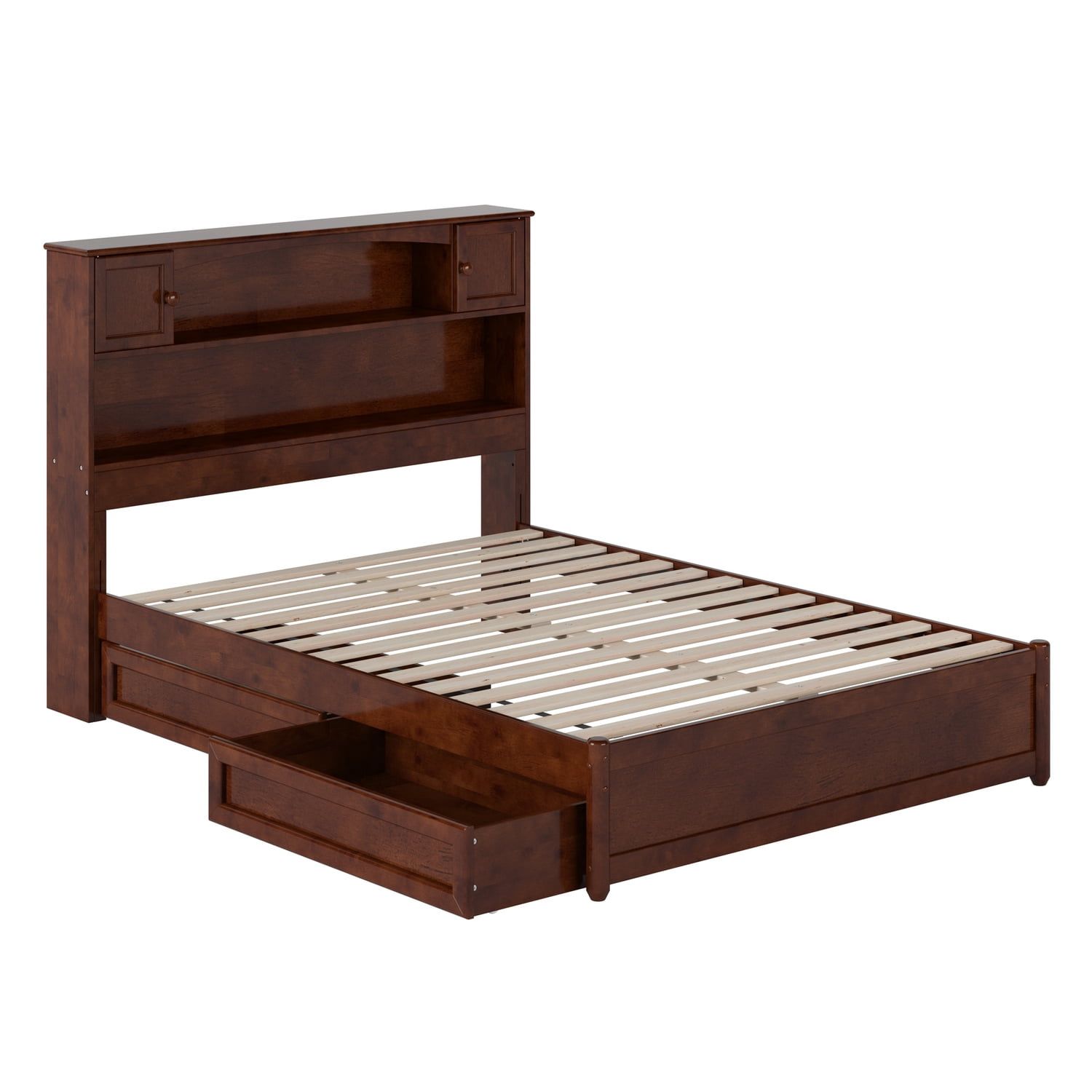 Walnut Full Wood Platform Bed with Storage Drawers and Headboard