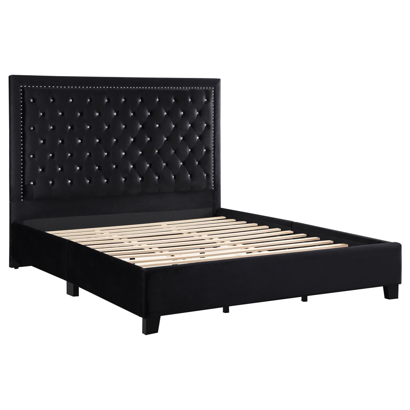 Hailey Black Velvet Tufted King Platform Bed with Nailhead Trim