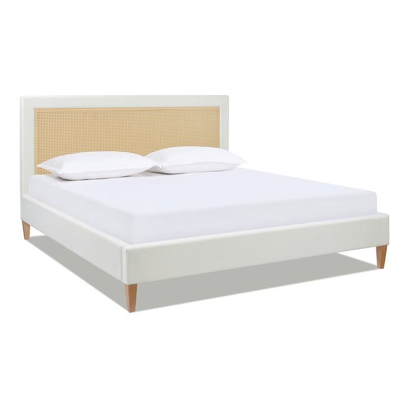 Haley Queen White Upholstered Cane-Back Platform Bed