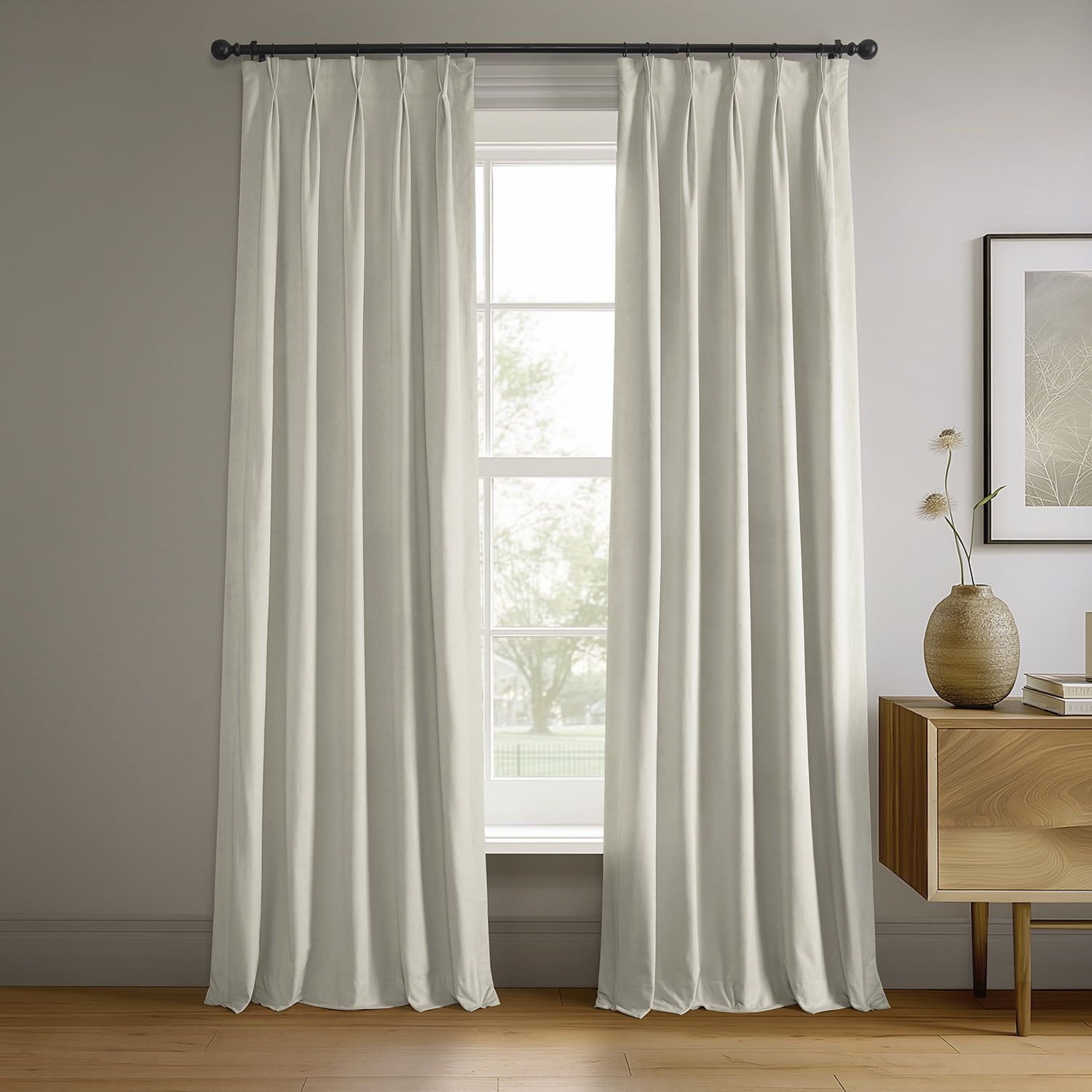 Porcelain White Velvet Blackout Pleated Curtain Panel 25" x 108"