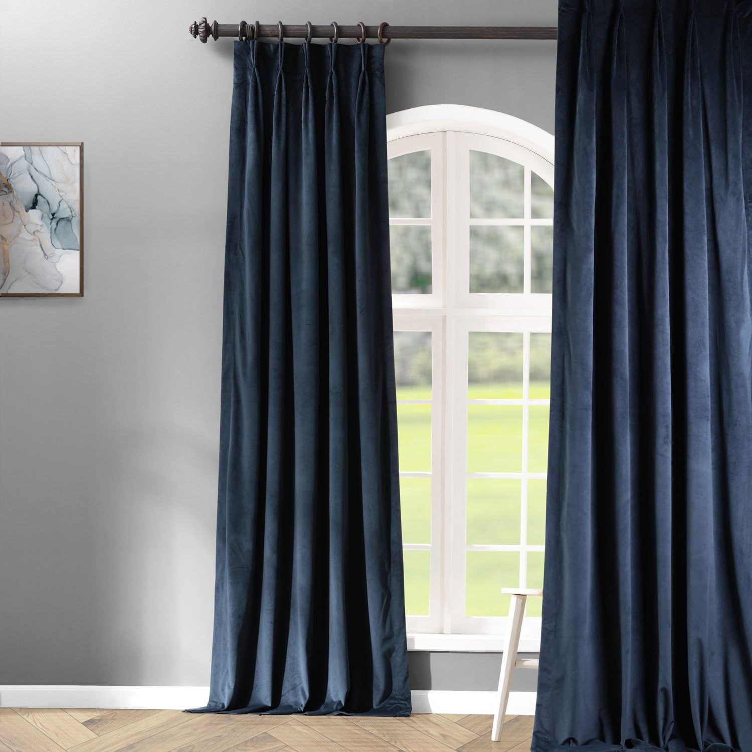 Midnight Blue Velvet Blackout Pleated Window Panel, 25" x 120"