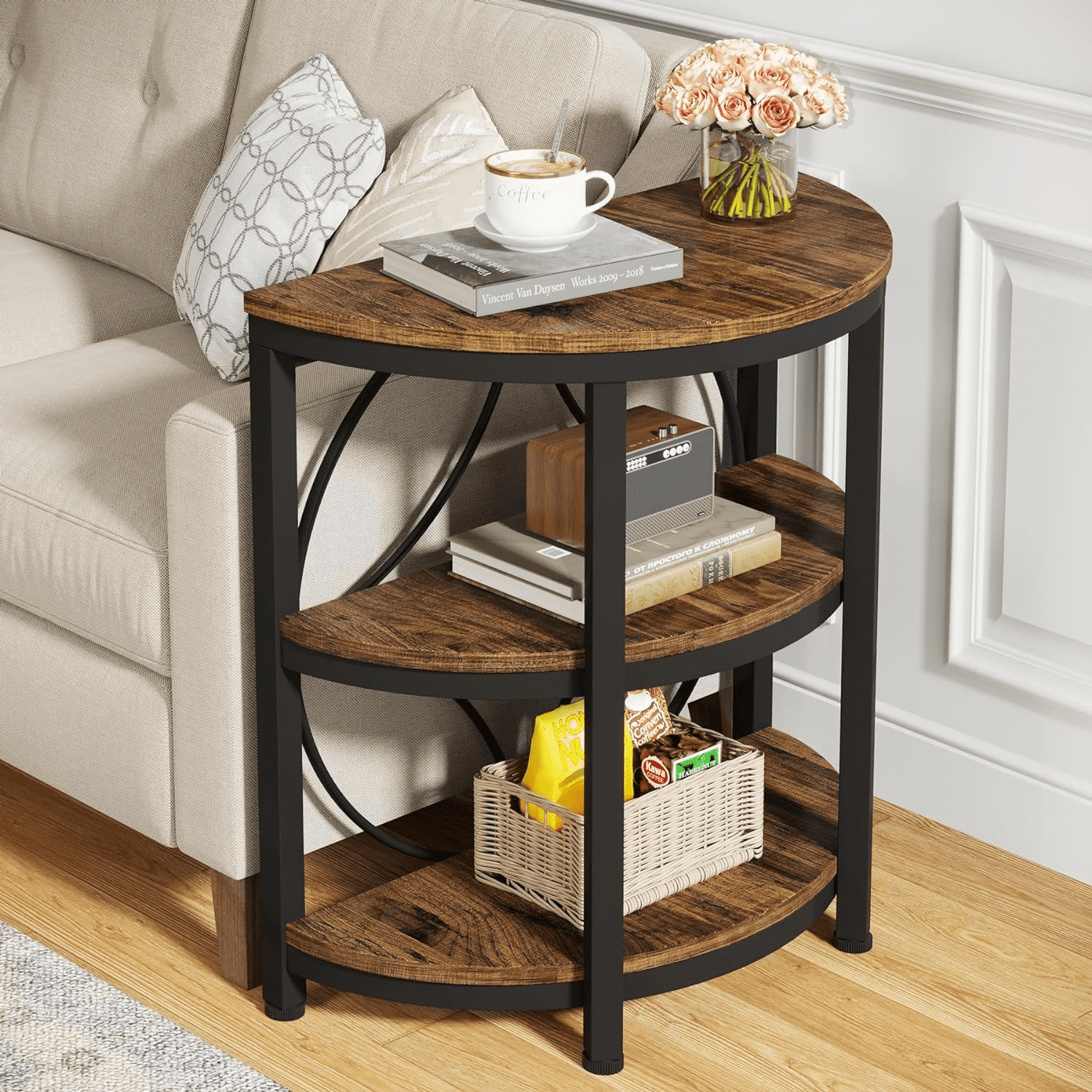 Rustic Brown Half-Round 3-Tier Wood and Metal End Table