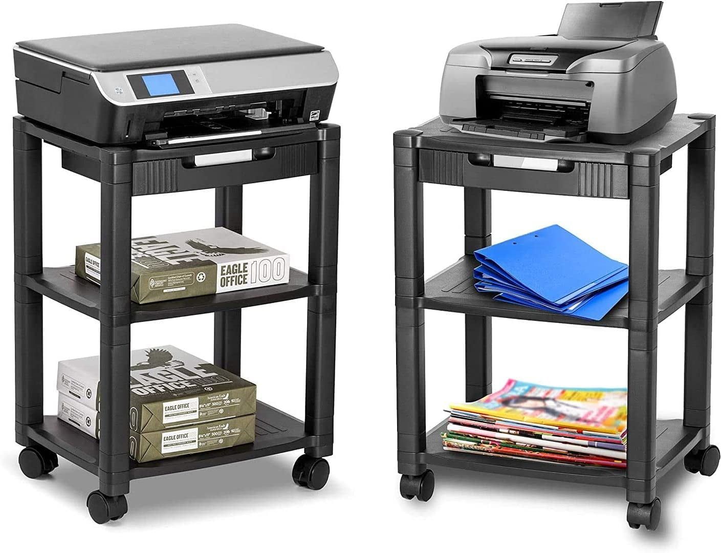 Black Rolling Printer Cart with Storage and Cable Management