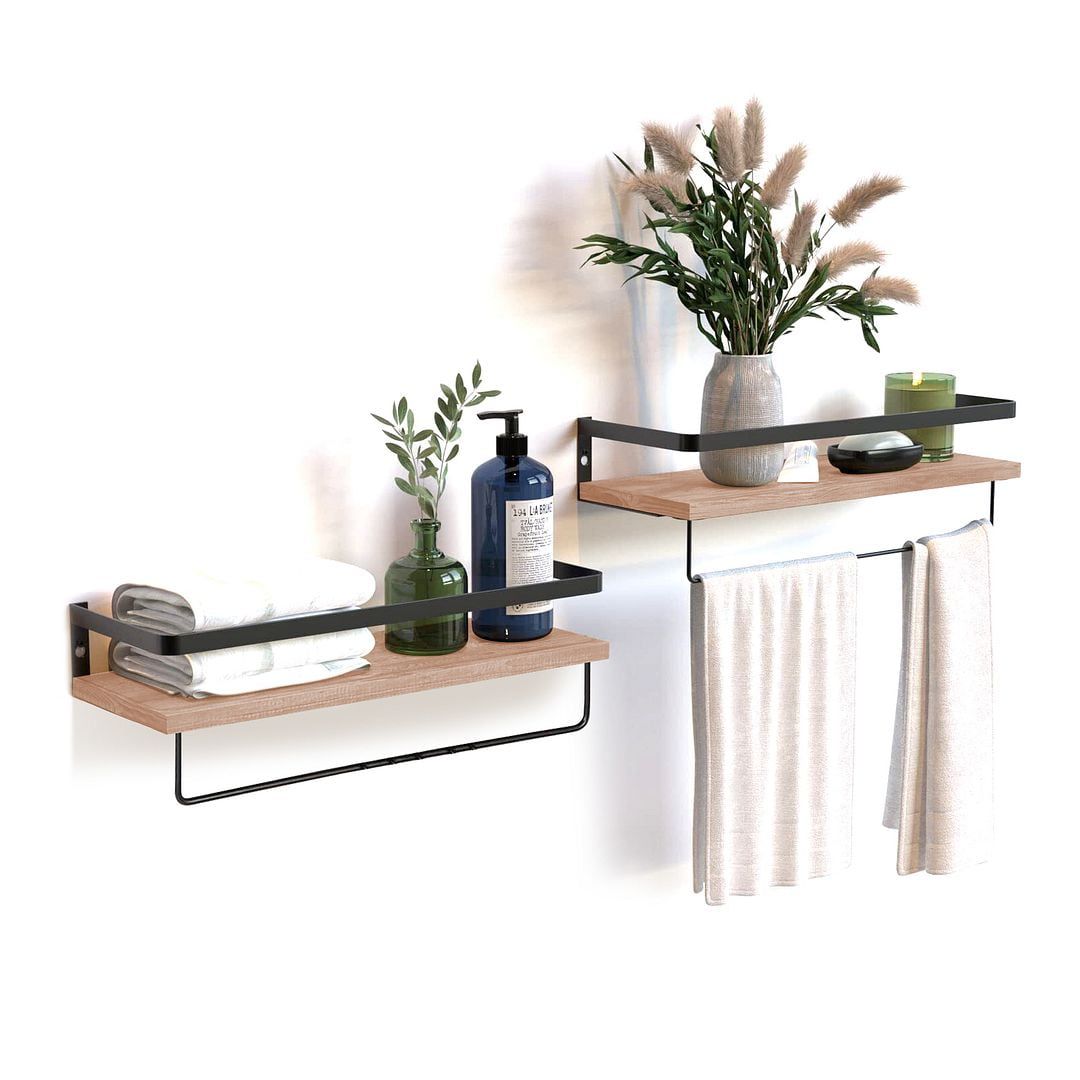 Natural Wood Floating Shelves with Metal Rail, Set of 2