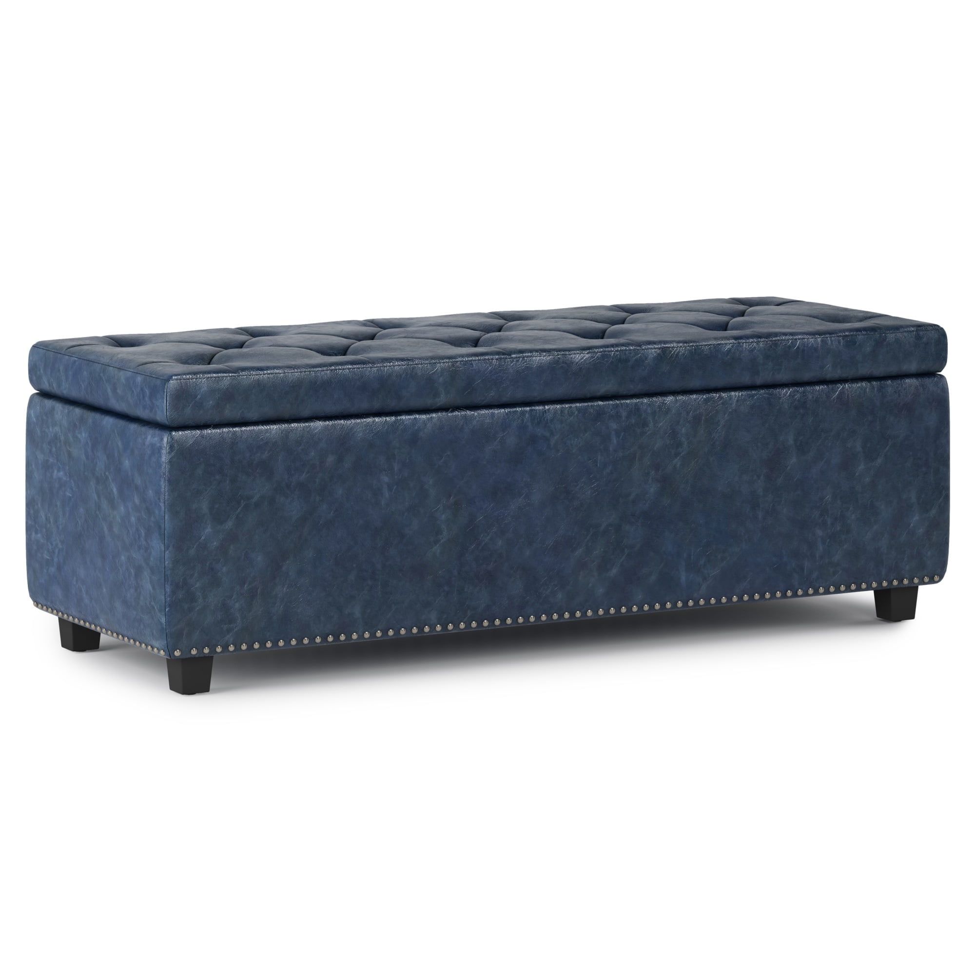 Hamilton Traditional Tufted Denim Blue Faux Leather Storage Footstool