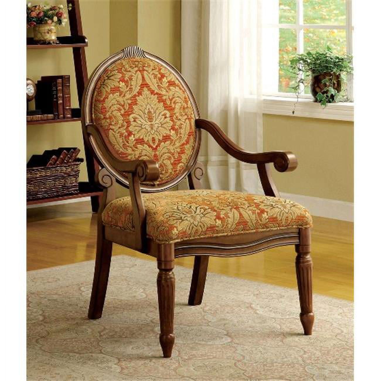 Elegant Victorian Antique Oak Accent Chair with Ruby and Gold Upholstery