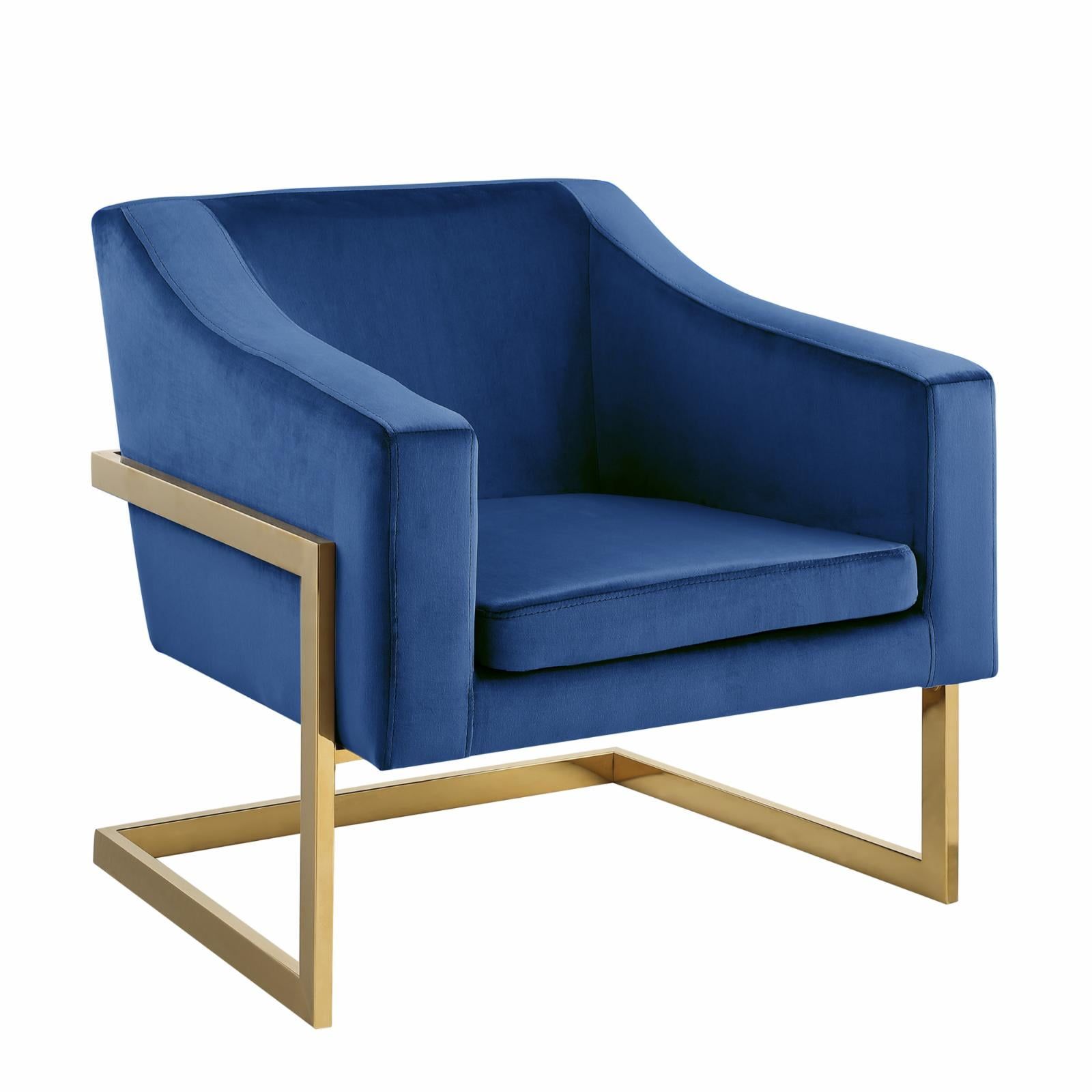 Sophisticated Blue Velvet Metal Frame Accent Armchair