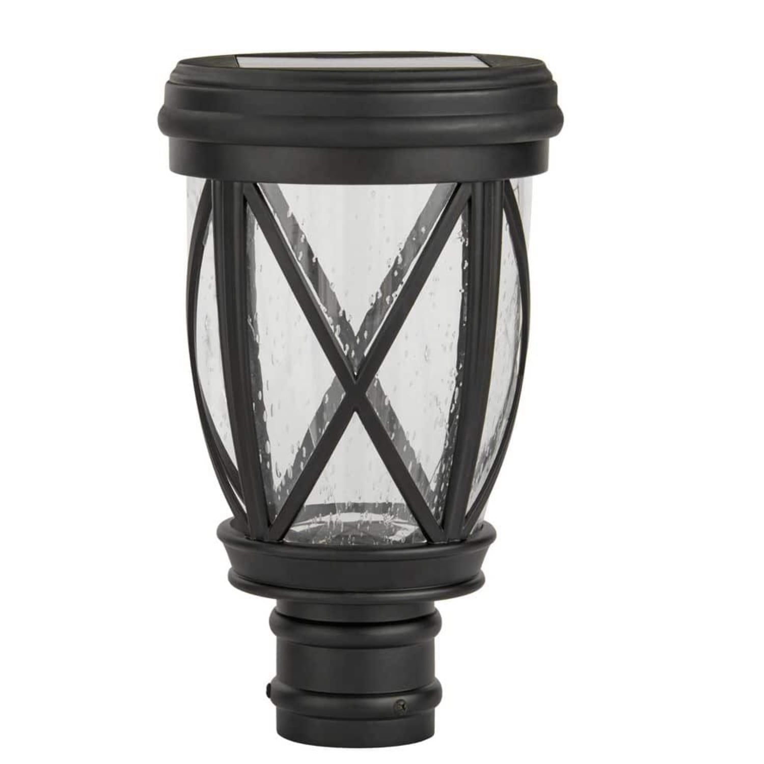 Black Aluminum Solar Post Lantern with Seeded Glass Shade