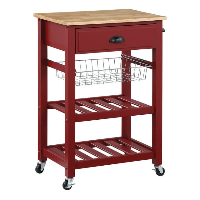 Hampton Red Wood Kitchen Cart with Storage and Wheels