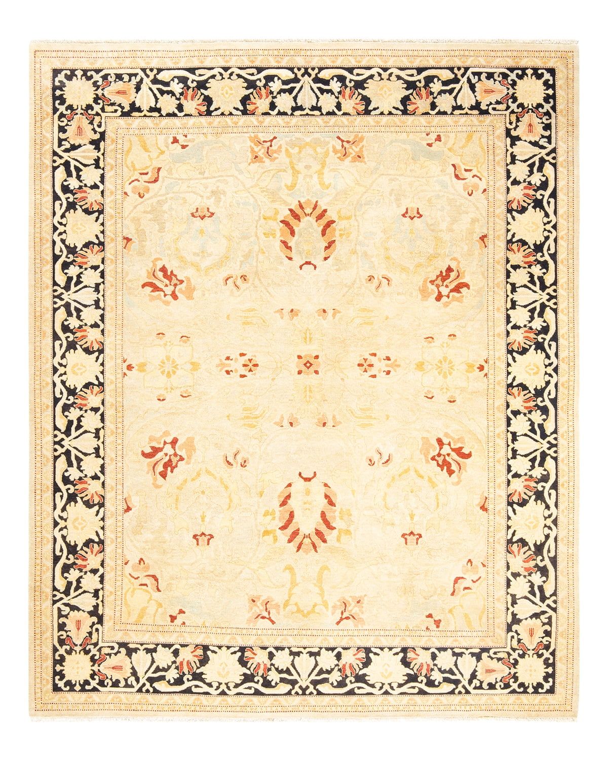 Ivory and Black Hand-Knotted Wool Floral 8' x 10' Rug