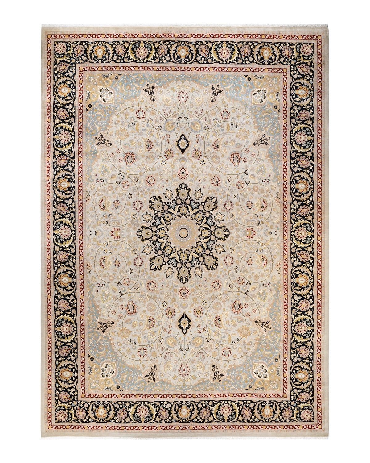 Hand-Knotted Ivory and Black Wool Floral Area Rug 10'5" x 14'10"