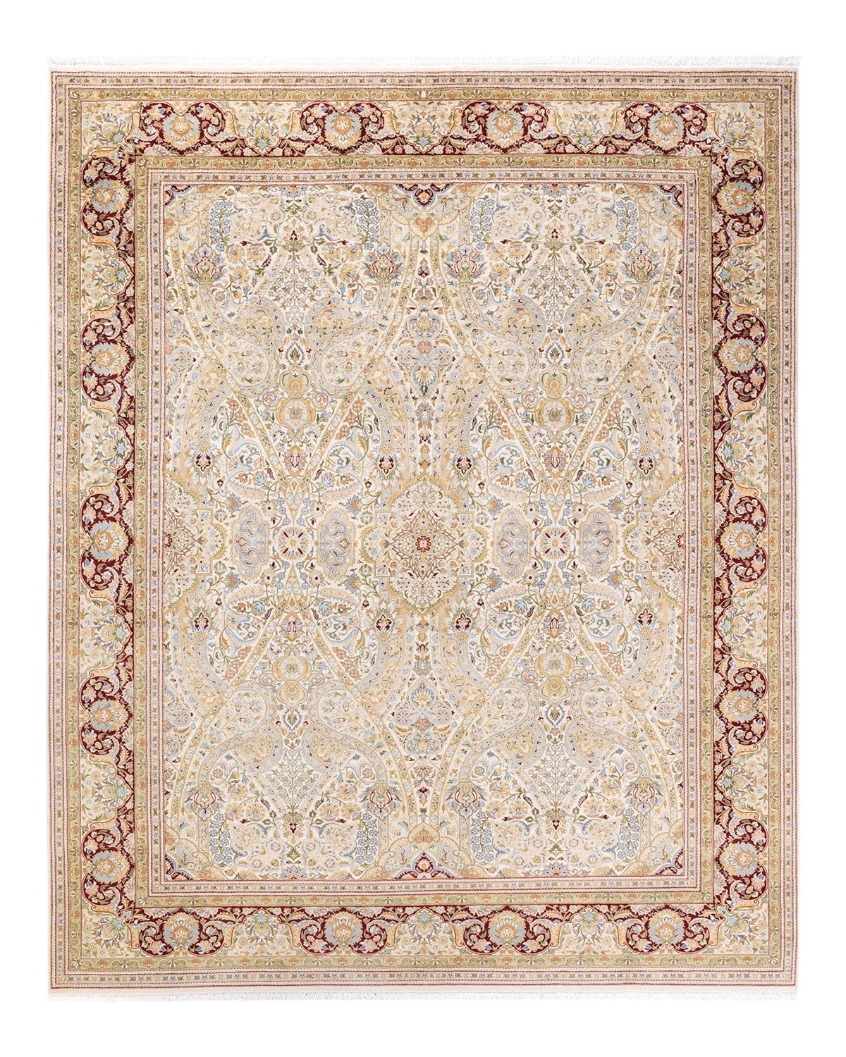 Elegant Ivory Wool Hand-Knotted Traditional 8' x 10' Area Rug