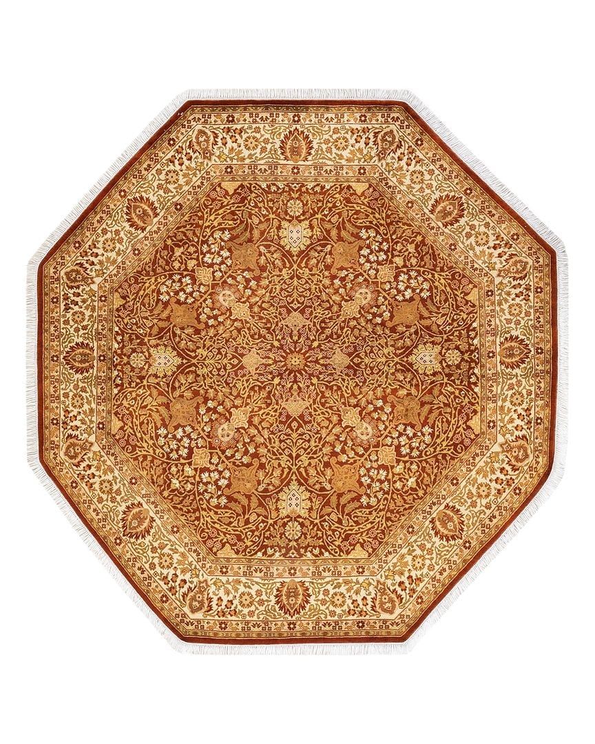 Hand-Knotted Round Oriental Wool Rug in Orange and Beige