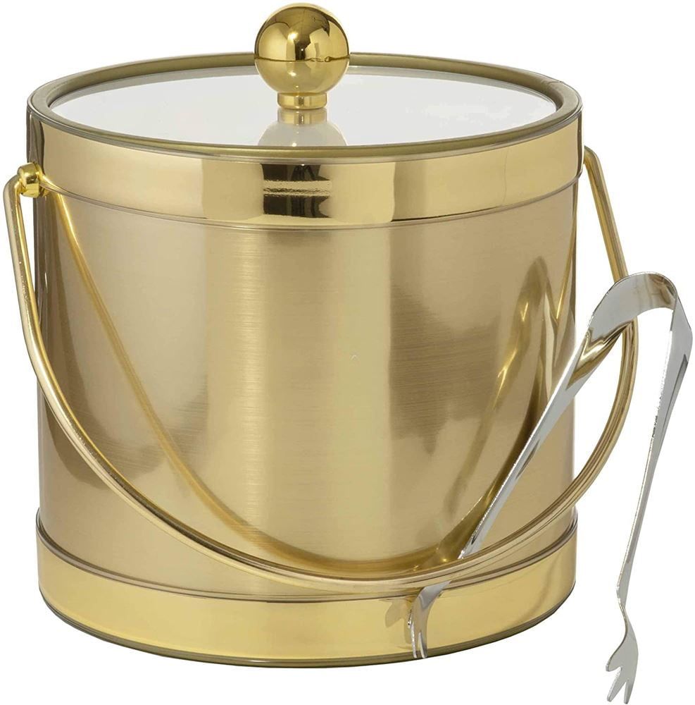 Brushed Gold Double Walled 3-Quart Insulated Ice Bucket with Tongs