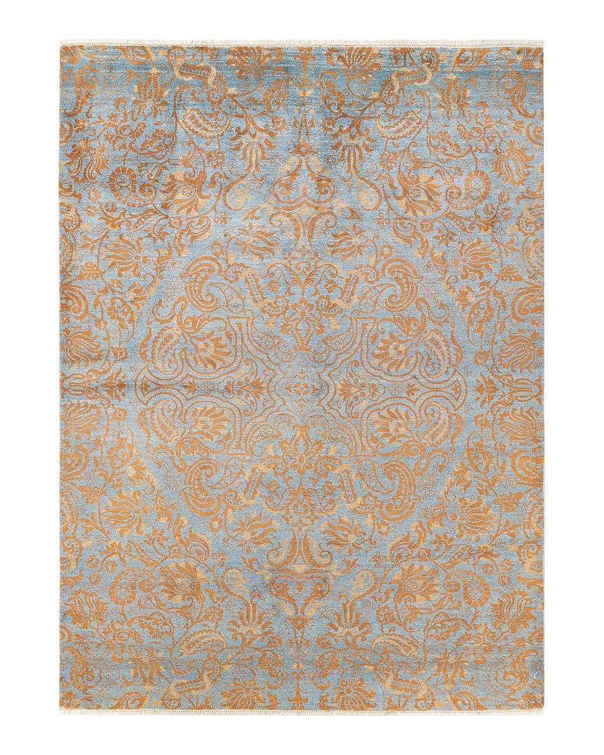 Light Blue and Gold Hand-Knotted Wool 8' x 10' Area Rug