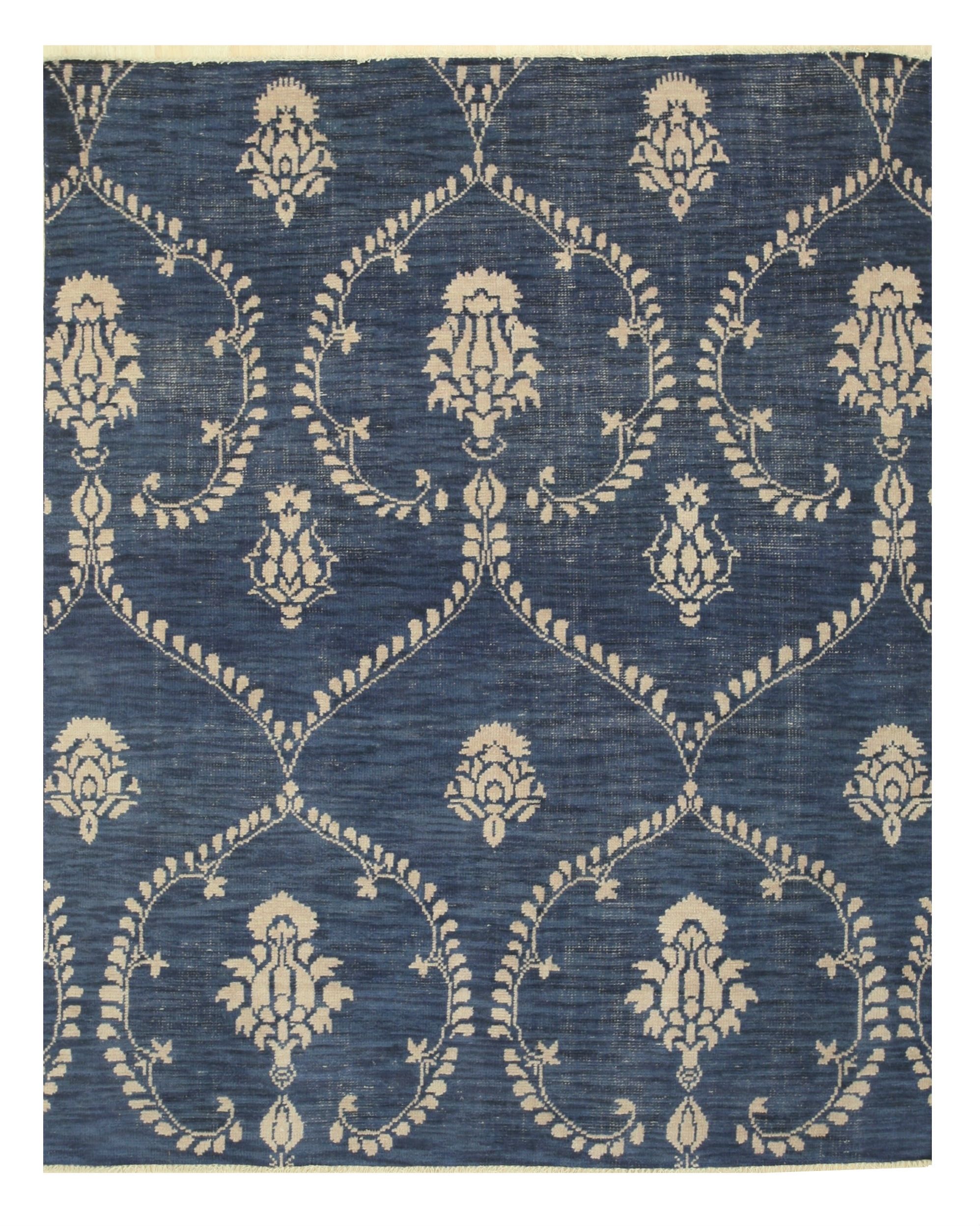 Hand-Knotted Navy Wool 6' x 9' Floral Rug