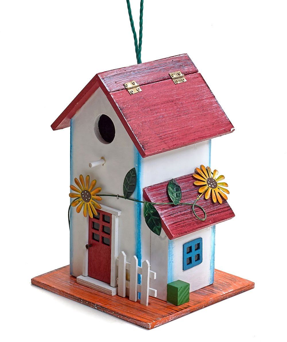 Hand-Painted Red and White Wooden Birdhouse with Flowers