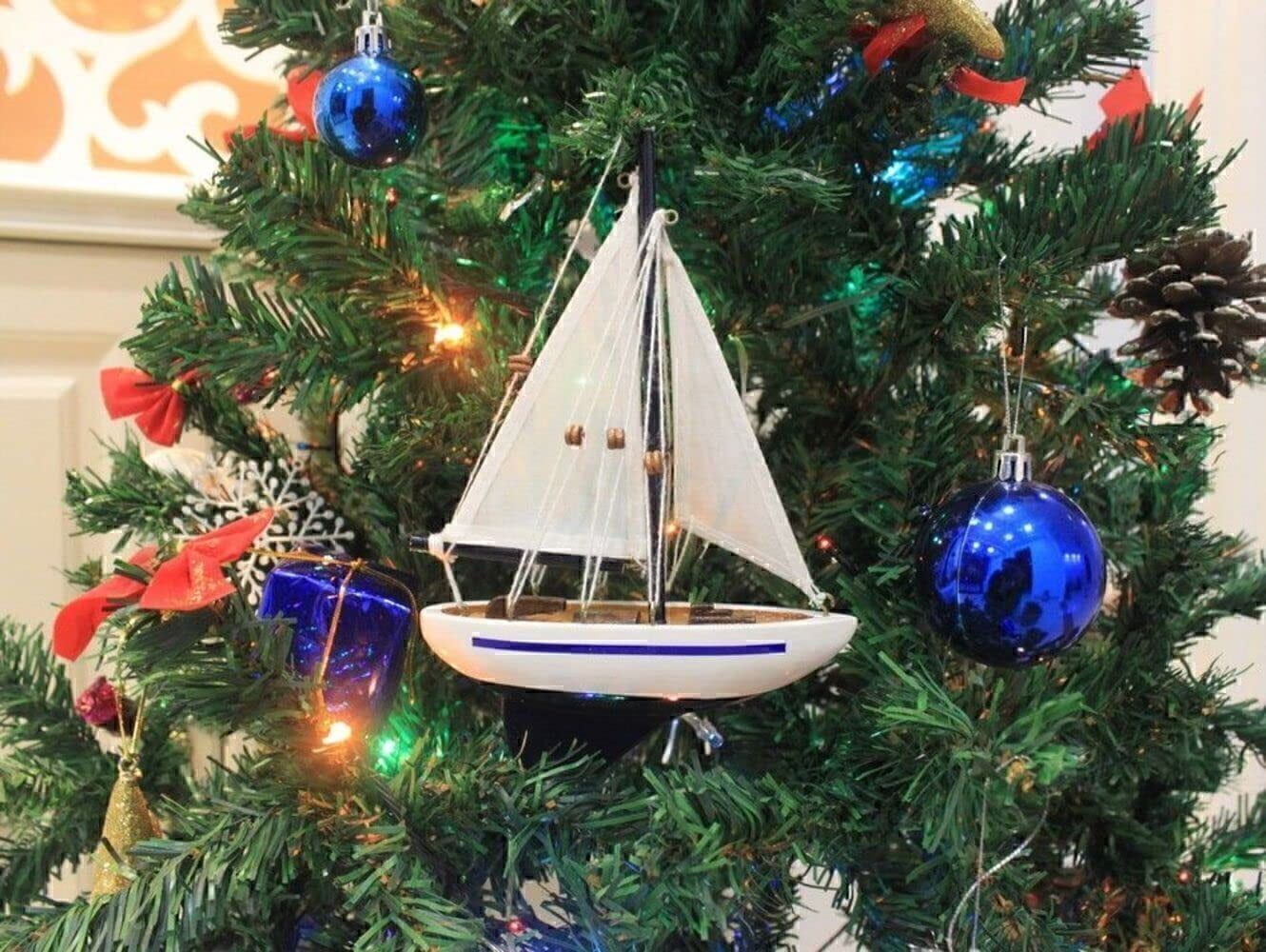 Handcrafted Wooden Sailboat Christmas Tree Ornament, 9 Inches