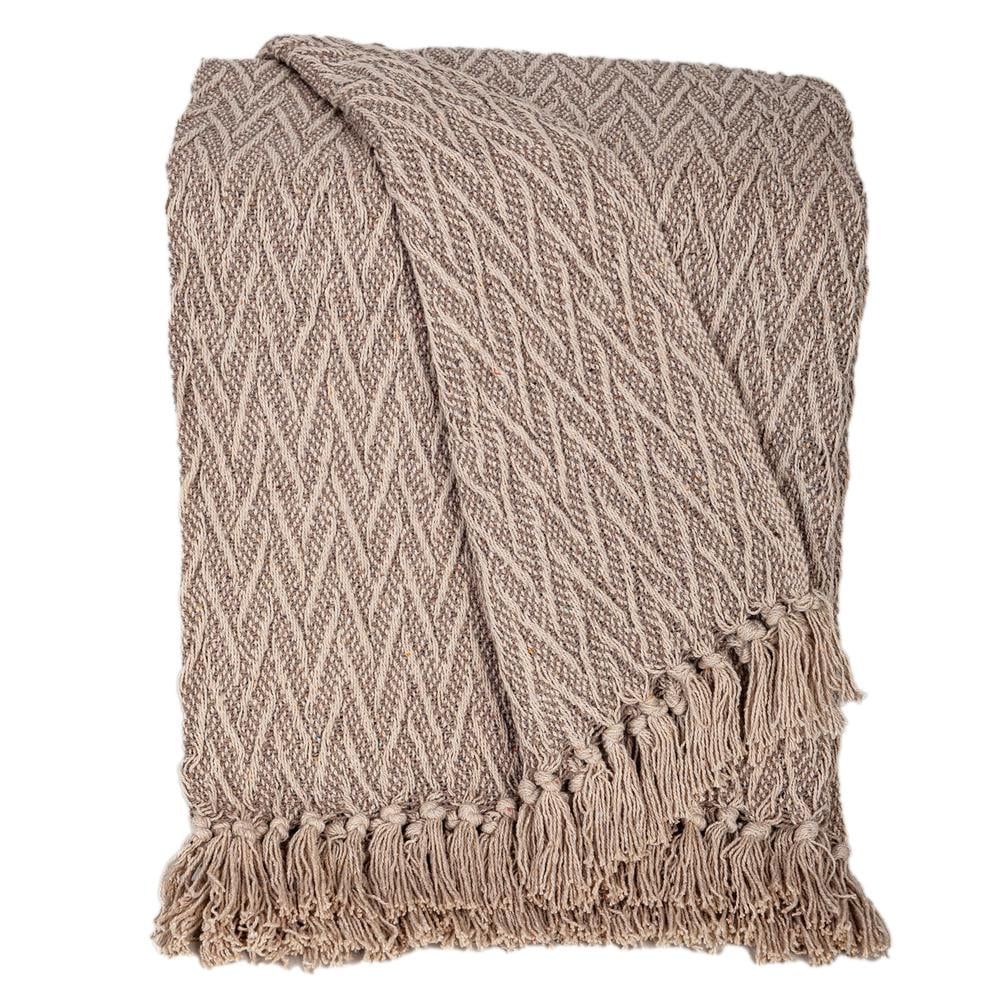 Handloomed Beige Cotton Chevron Throw Blanket with Tassels 52"x67"