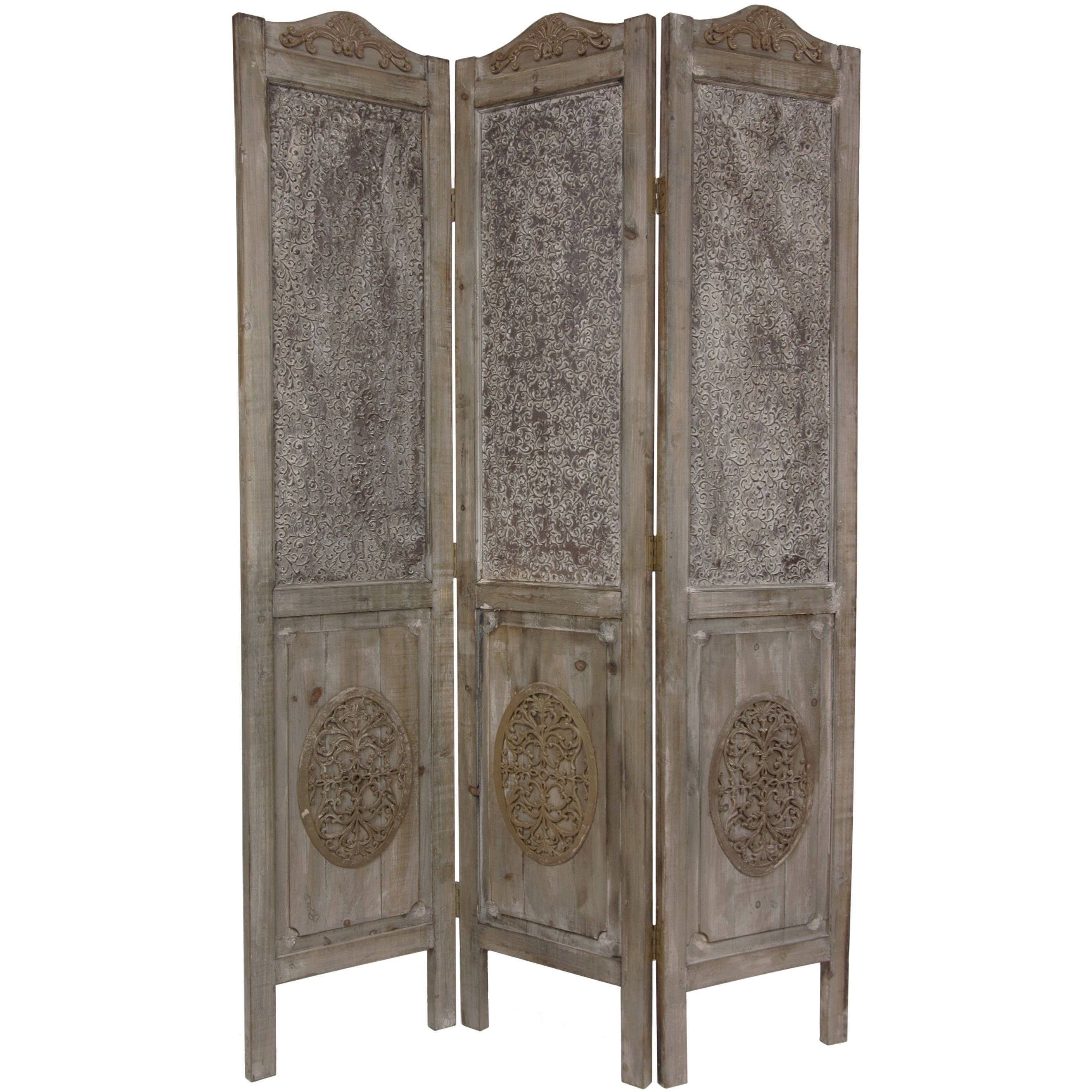 Antique Brown Wood and Metal 3-Panel Room Divider