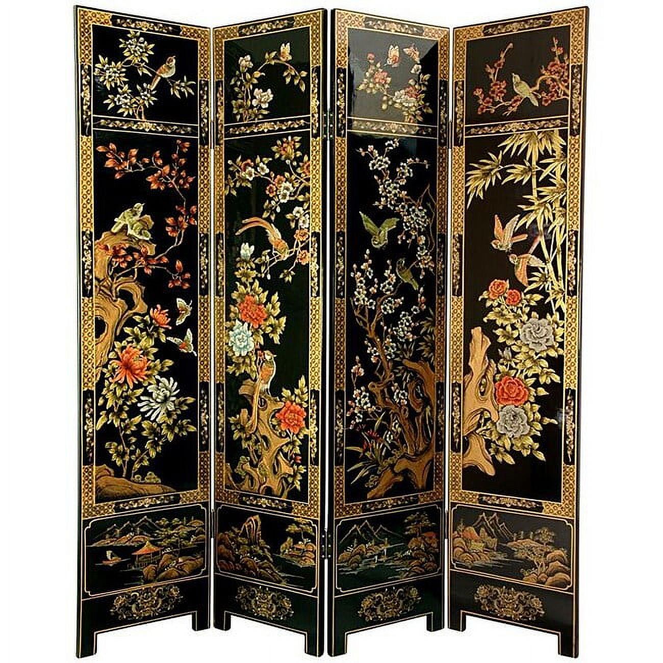 Hand-Painted Black and Gold Four-Panel Room Divider