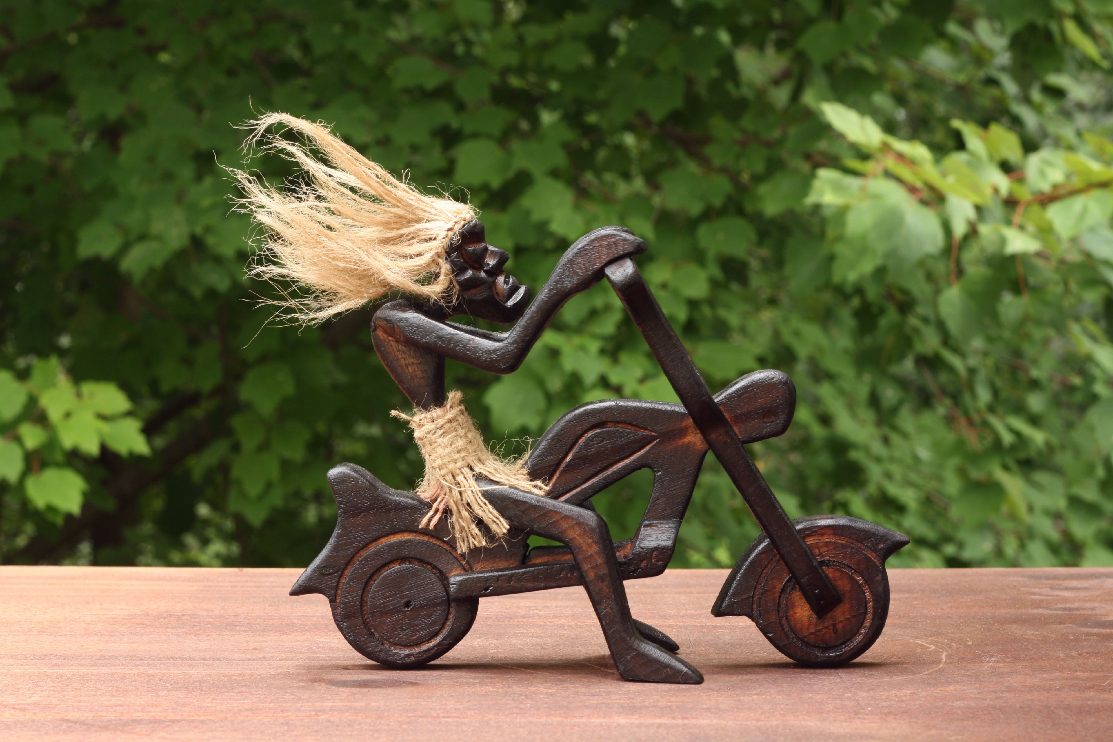 Hand Carved Teak Wood Tribal Biker Sculpture with Straw Details