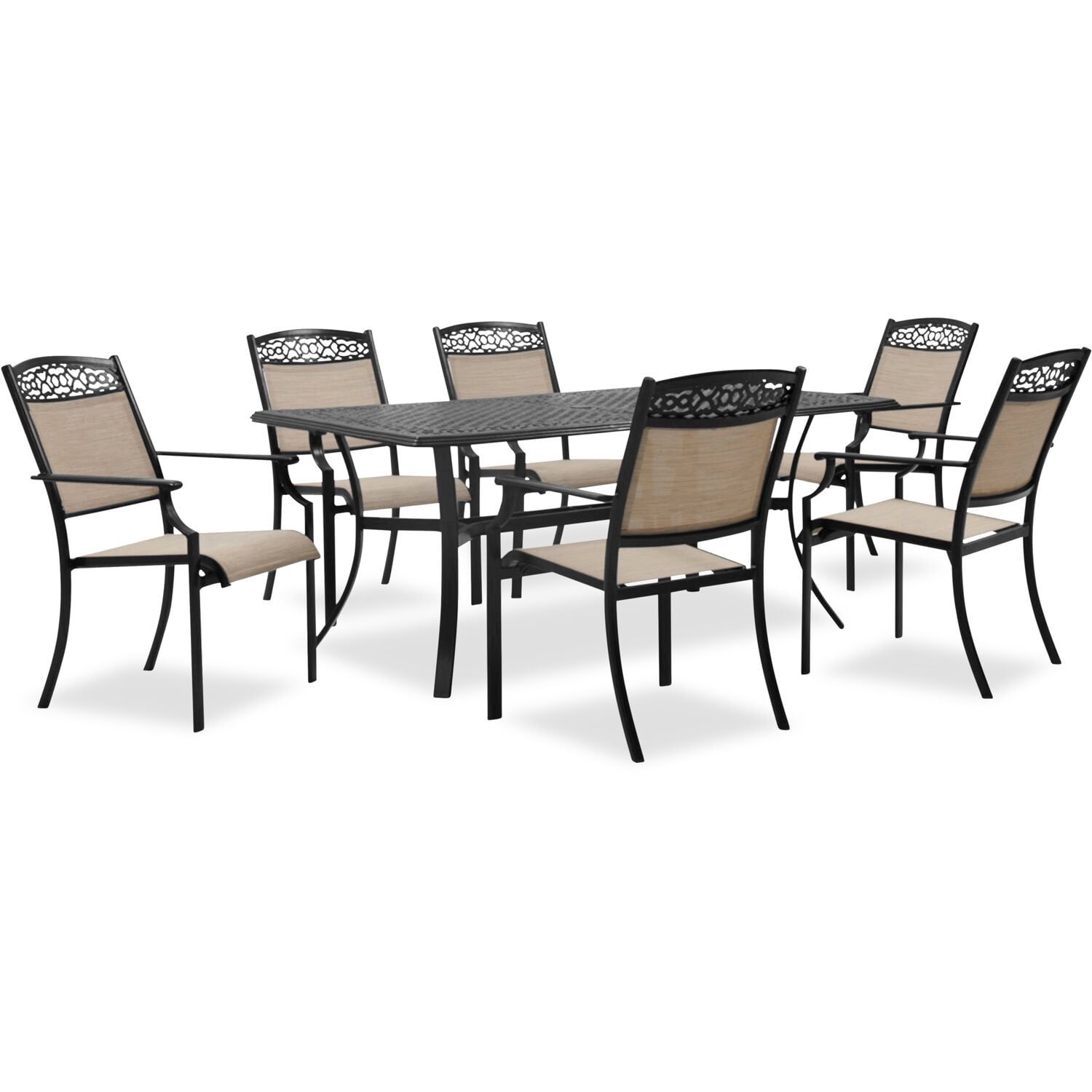 Elegant Rustic 7-Piece Outdoor Dining Set with Cast-Top Table and Sling Chairs