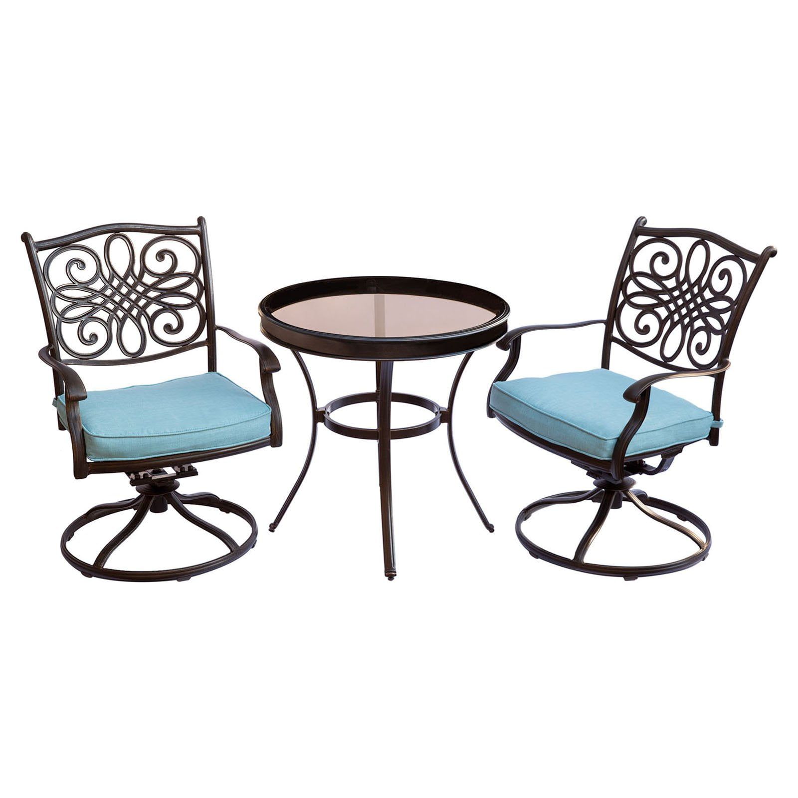 Elegant Traditions 3-Piece Cast Aluminum Swivel Bistro Set with Blue Cushions