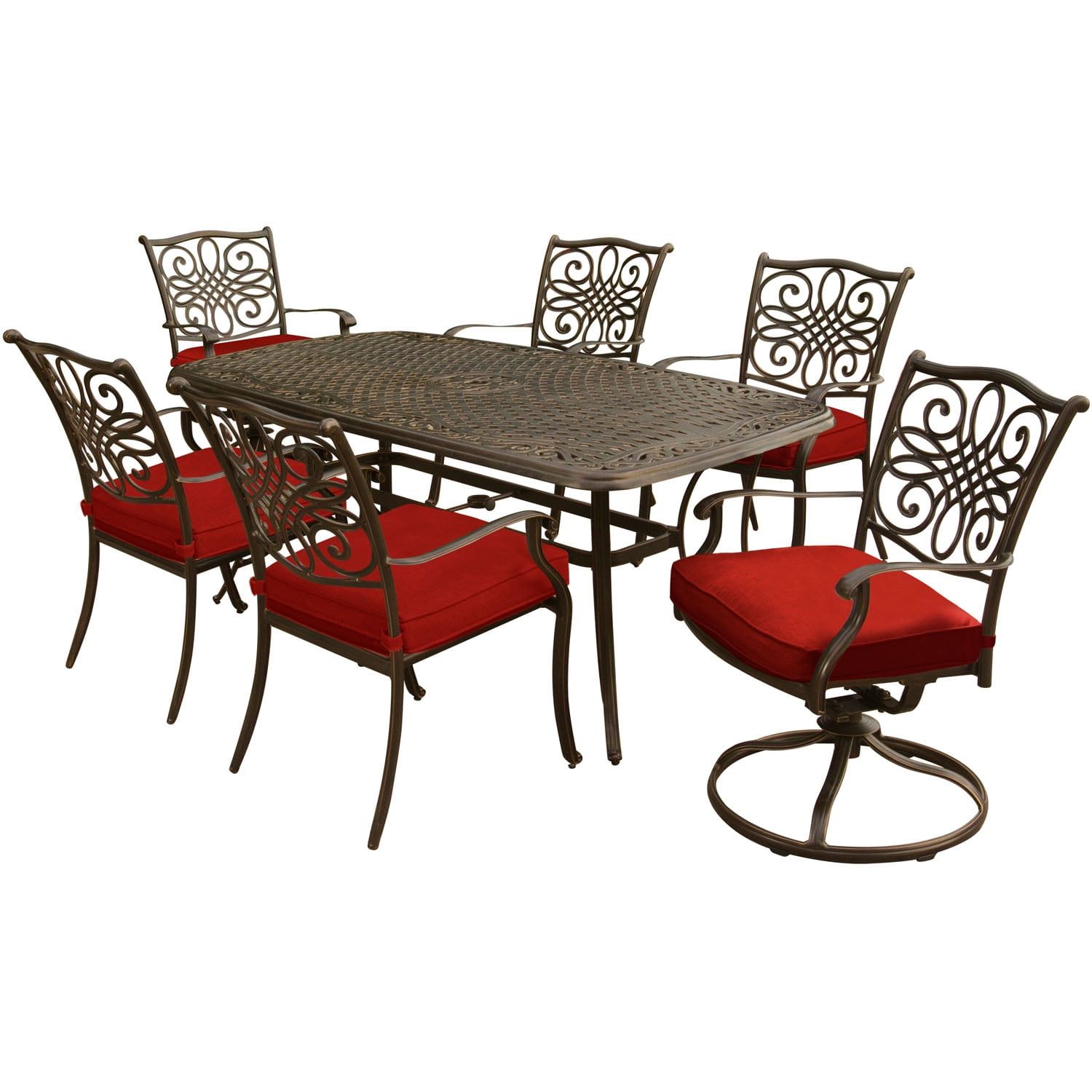 Hanover Bronze 7-Piece Outdoor Dining Set with Red Cushions